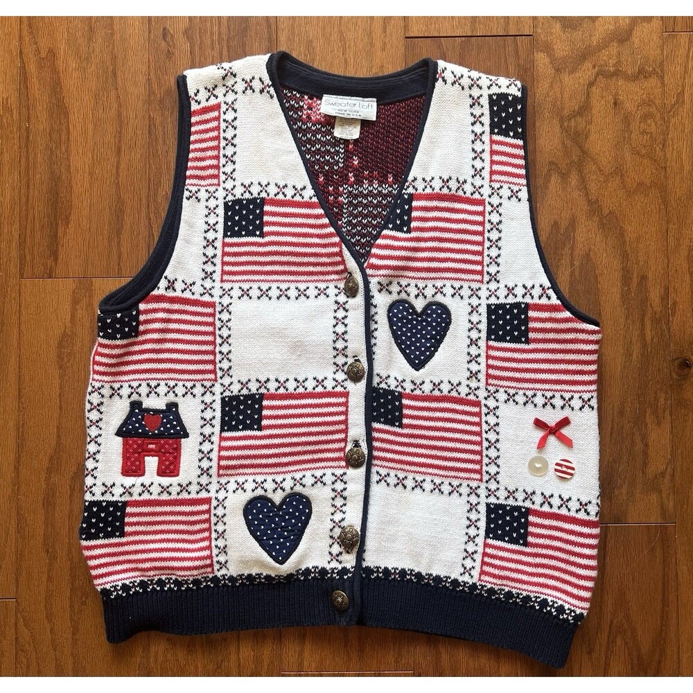 Vintage Sweater Loft USA Flag‎ Patchwork Vest Medium Cottagecore Grandmacore - Picture 15 of 16